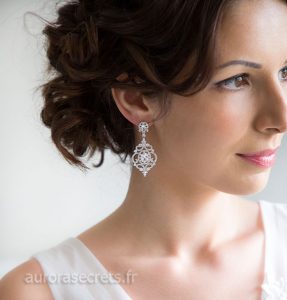 Boucles D'oreilles Strass Chandelier Argent 70 Mm - Métal Plaqué Argent, Fermoir Papillon, Pour Mariée Ou Soirée