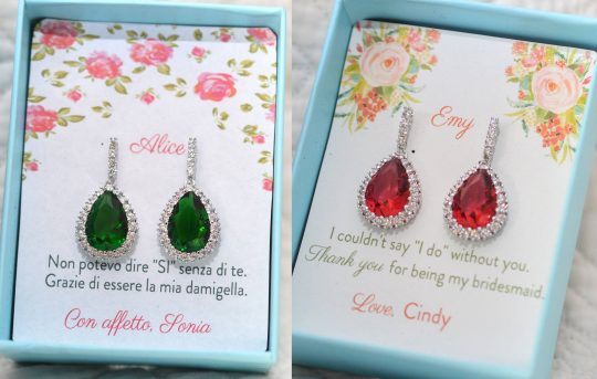 bijoux mariage, boucles d'oreilles vert rouge clair