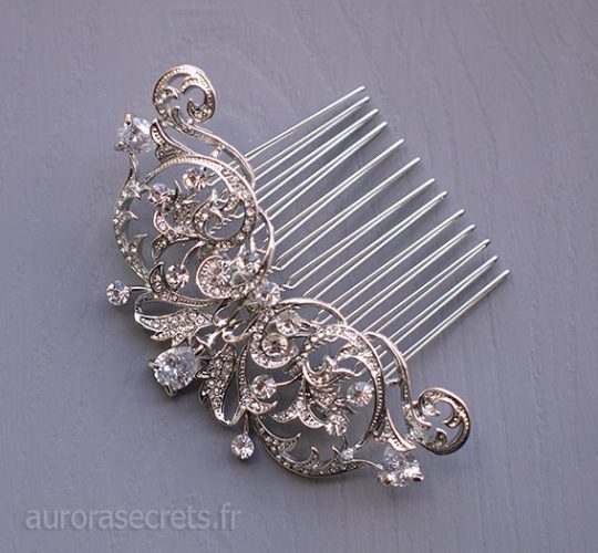 Peigne cristal mariage, bijou de tête romantique argenté