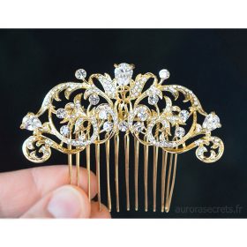 Peigne cristal mariage, bijou de tête romantique doré