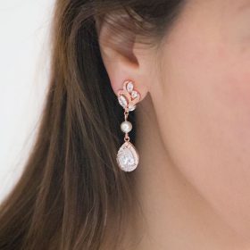 Boucles d'oreilles mariée rose gold perles pendantes