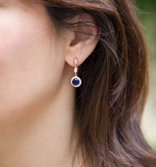 Boucles d'oreilles pour mariée rose gold bleu saphire