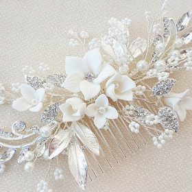 Bijou de cheveux mariage fleurs feuilles perles cristaux