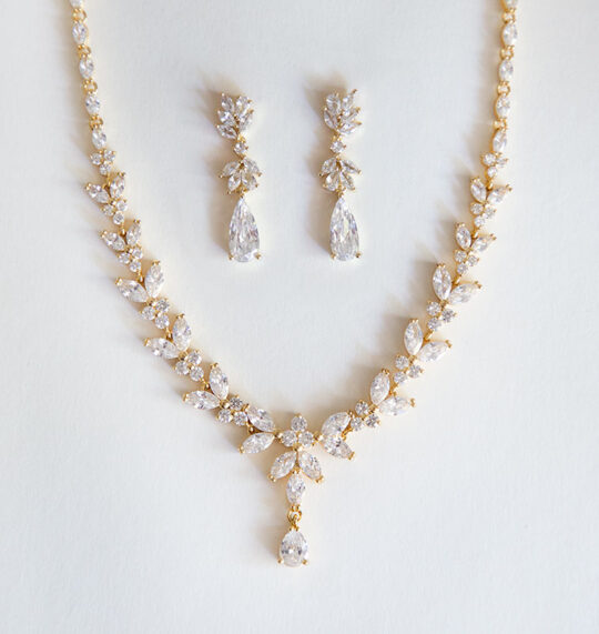 Parure bijoux mariée dorée en cristal zircon Sonia