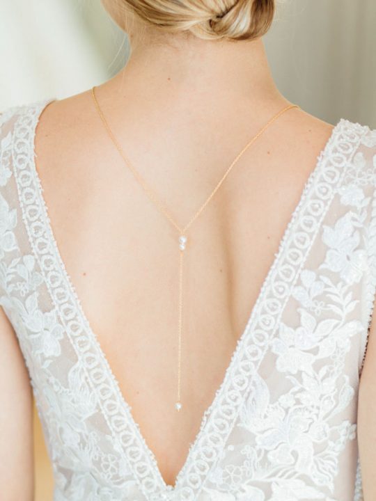 Bijou de dos mariage, collier doré perles Swarovski Sandrine