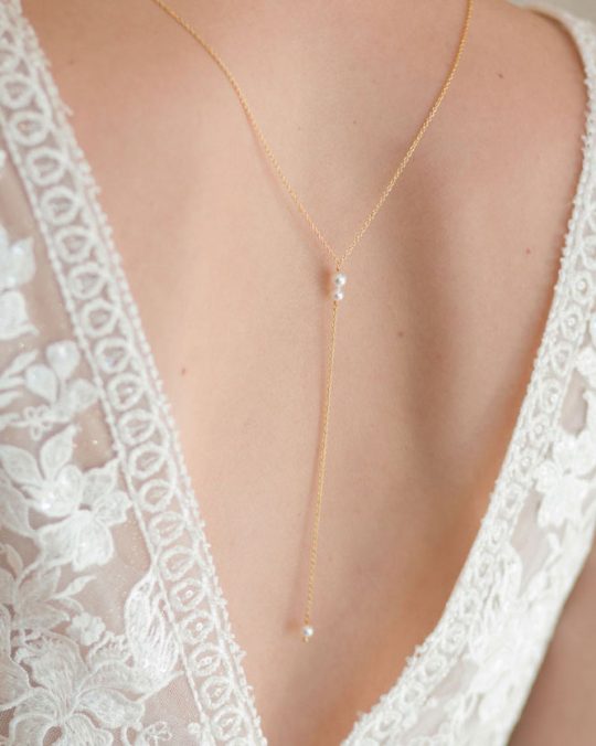 Bijou de dos mariage, collier doré perles Swarovski Sandrine