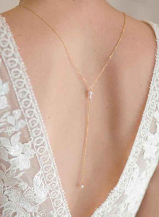 Bijou de dos mariage, collier doré perles Swarovski Sandrine