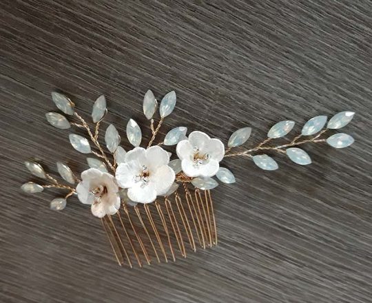 Bijoux de cheveux mariage feuilles fleurs strass Irène