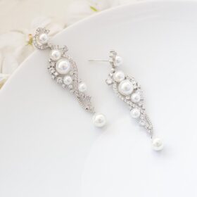 Boucles d’oreilles mariage pendantes perles et cristal Nicole