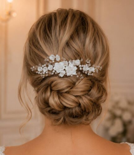 Bijoux chignon mariage fleurs blanches sur peigne Lara