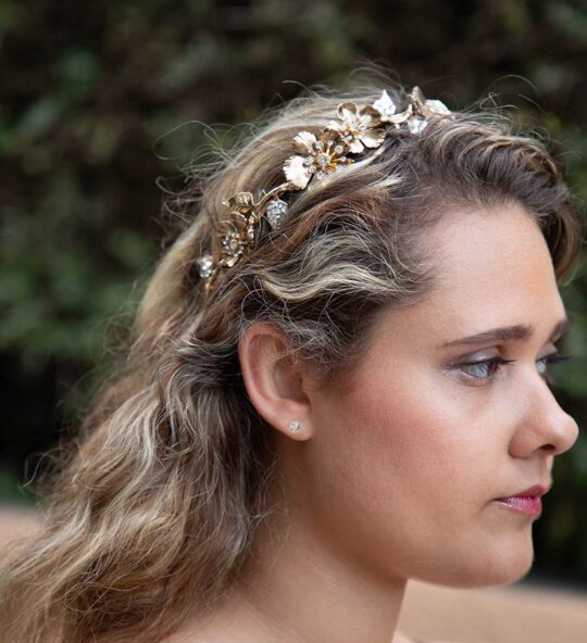 Couronne bohème fleurs, diadème mariage feuilles métal « Odélie »