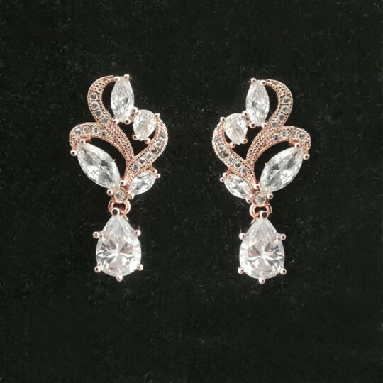 Boucles d'oreilles mariée rose gold pendentif cristal feuilles « Béatrice »