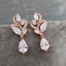 Boucles d'oreilles mariée rose gold pendentif cristal feuilles « Béatrice »