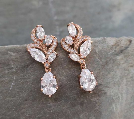 Boucles d'oreilles mariée rose gold pendentif cristal feuilles « Béatrice »