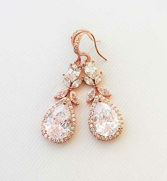 Boucles d'oreilles mariée rose gold pendantes cristal zircon « Ludmila»
