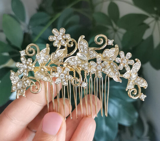 Peigne cheveux mariage doré, bijou coiffure papillons Carla