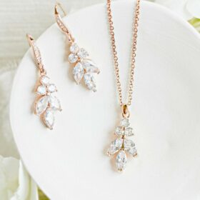 Parure bijoux mariage argente ou rose gold pendentif en cristal