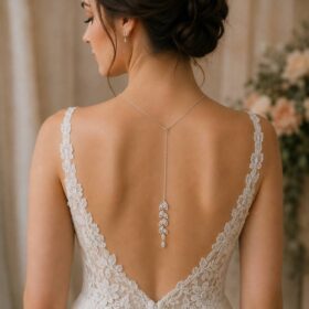 Alternative view of Bijou de dos mariage avec collier chic romantique strass feuilles cristal "Claire"