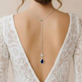 Bijou de dos bleu pour mariée, collier pour dos nu, pendentif bleu saphir goutte