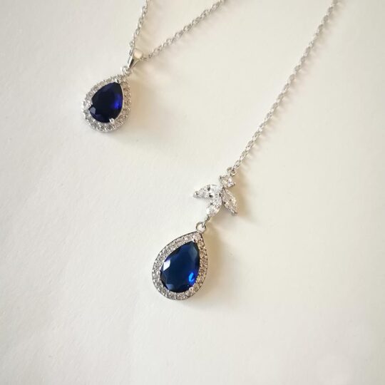 Bijou de dos bleu pour mariée, collier pour dos nu, pendentif bleu saphir goutte – Image 2