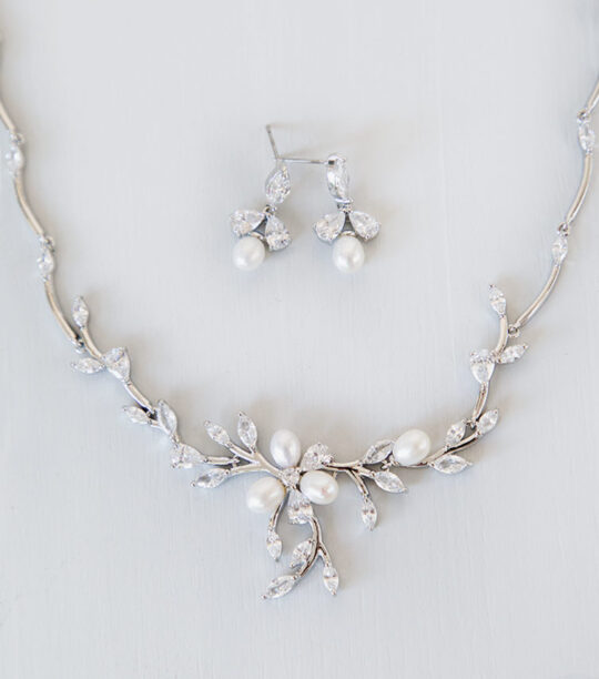 Parure de mariage avec perles et cristaux zircon – style floral élégant, argentée ou rose gold "Thalia" – Image 7