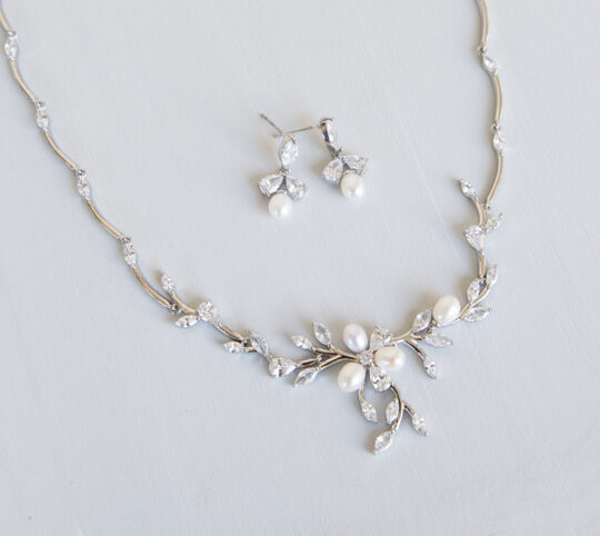 Parure de mariage avec perles et cristaux zircon – style floral élégant, argentée ou rose gold "Thalia" – Image 5