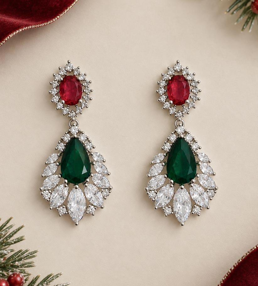 Boucles d’oreilles de Noël glamour, cristaux scintillants rouge et vert